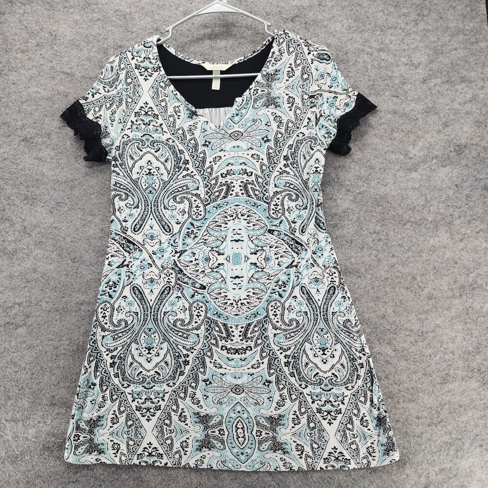 SOMA Sleep Dress Womens XS Short Sleeve V Neck White Blue Paisley